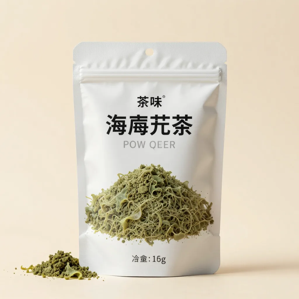 A pouch of sea moss powder on a light background