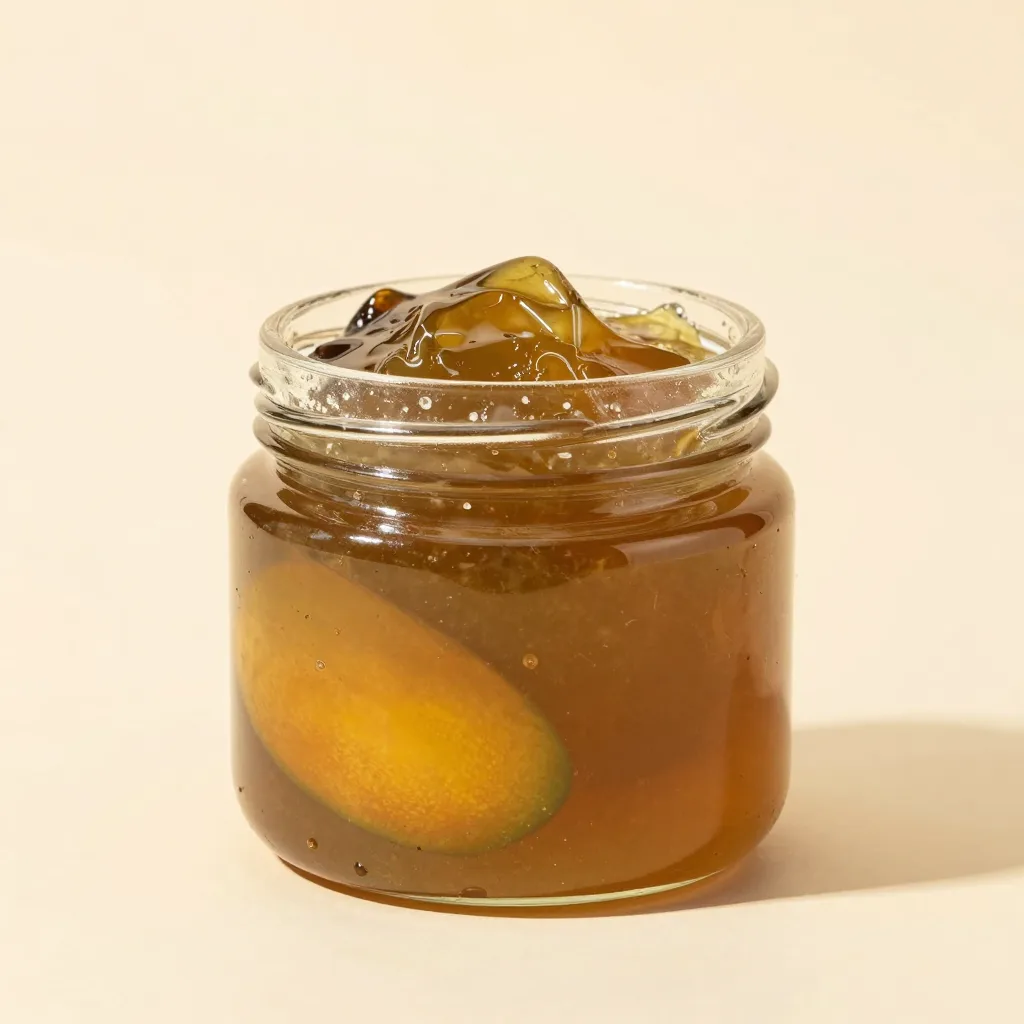 A jar of mango-flavoured sea moss gel on a light background